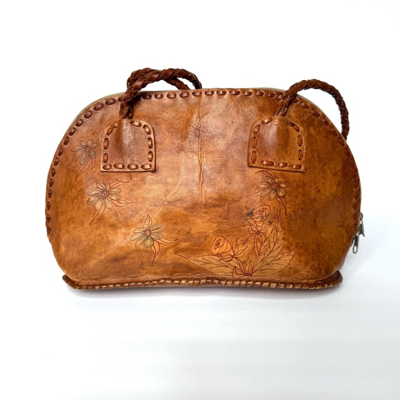 Vintage from de 2000’s Brown Raw Leather Floral Hand—Painted Shoulder Bag. - Picture 6 of 11